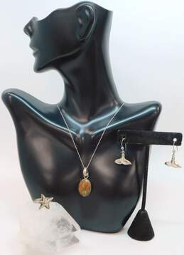Beachy 925 Sterling Silver Dolphin Tail Drop Earrings Starfish Ring & Jasper Pendant Necklace 9.4g