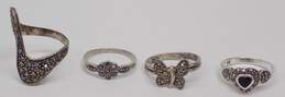 Romantic 925 Onyx & Marcasite Heart Butterfly Flower & Wavy Band Rings Variety 9.6g