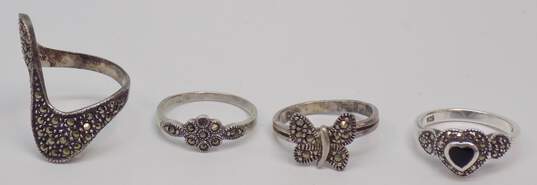Romantic 925 Onyx & Marcasite Heart Butterfly Flower & Wavy Band Rings Variety 9.6g image number 1