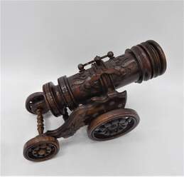 Vintage Style Decorative Carved Wood Cannon W/ Rolling Wheels Base