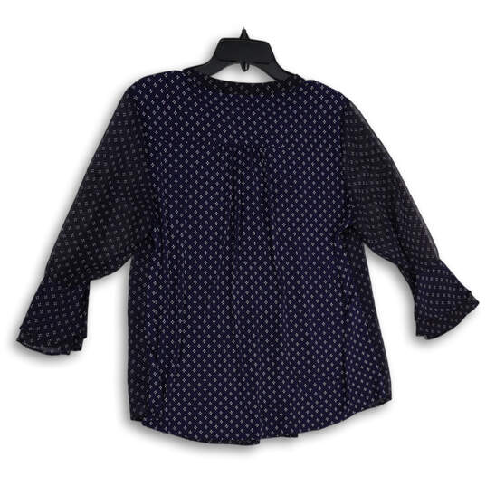 Womens Navy Blue Printed V-Neck Long Bell Sleeve Pullover Blouse Top Size L image number 2