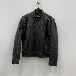 Mens Black Leather Long Sleeve Band Collar Full-Zip Motorcycle Jacket Sz XL