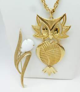 (G) VTG Alan Sarah Cov & Fash Gld Tne Articulated Owl White Necklaces & Brooch alternative image