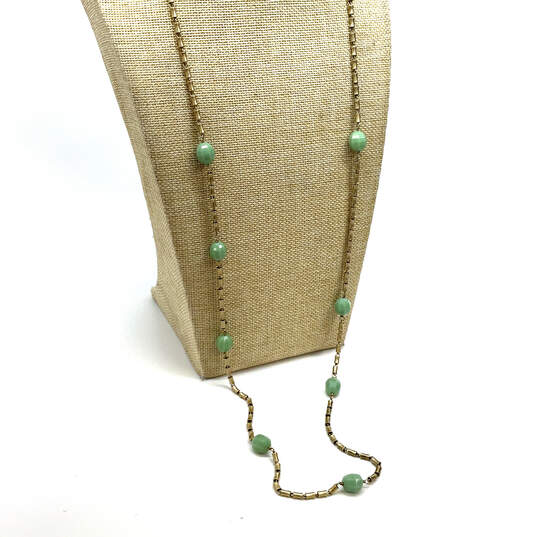Designer J. Crew Gold-Tone Green Oval Shape Beads Bamboo Chain Necklace image number 1