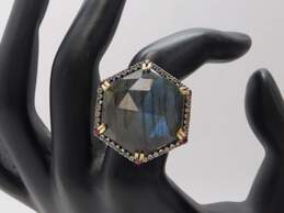 India 925 Vermeil Faceted Blue Flash Labradorite & Garnet & Quartz Accents Hexagon Statement Ring 16.5g