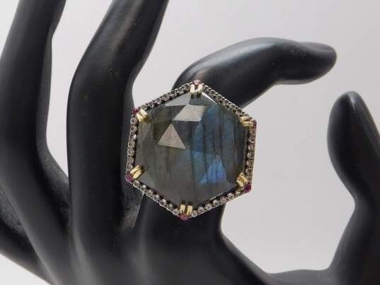 India 925 Vermeil Faceted Blue Flash Labradorite & Garnet & Quartz Accents Hexagon Statement Ring 16.5g image number 1