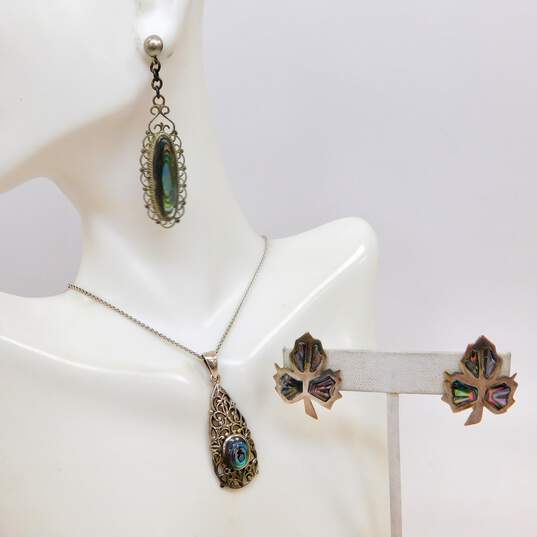 Vintage Taxco Mexico & Artisan 925 Abalone Scrolled Teardrop Pendant Wheat Chain Necklace & Shell Maple Leaf & Oval Drop Earrings 17.2g image number 1
