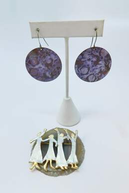 Artisan Mixed Metals Floral Stamped Purple Enamel Copper Circle Drop Earrings & Dancing Figures Brooch 28.1g