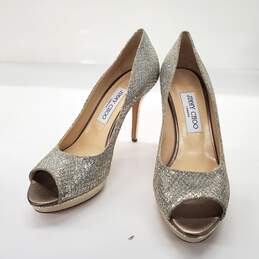 Jimmy Choo Women's Metallic Champagne Lamé Glitter Fabric Peep Toe Platform Heels Size 8 AUTHENTICATED