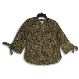 Womens Brown Animal Print Split Neck 3/4 Sleeve Pullover Blouse Top Size S