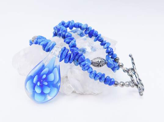 Artisan Dyed Coral & Faux Lapis Art Glass Pendant Necklaces image number 2