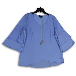 Womens Blue V-Neck 3/4 Bell Sleeve Hi-Low Hem Pullover Blouse Top Size XXL