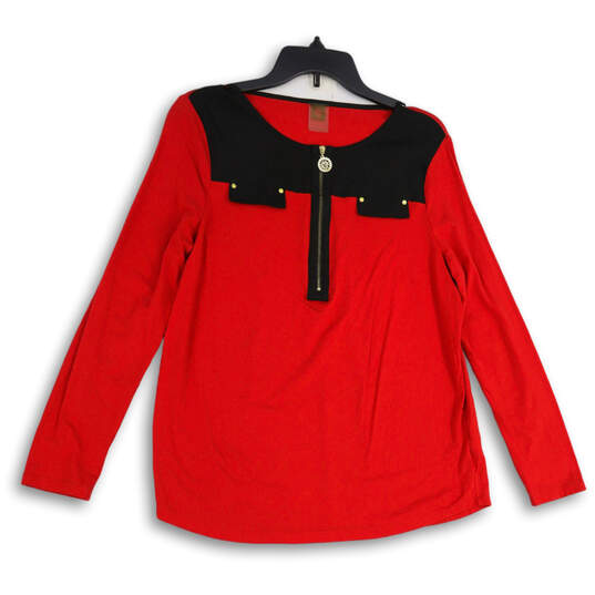 Womens Red Black Long Sleeve Round Neck Half Zip Blouse Top Size L image number 1