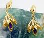14K Gold Amethyst Marquise Accent Textured Leaves Drop Post Earrings 3.2g image number 4