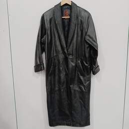 Mens Black Leather Long Sleeve Collared Front Pockets Trench Coat Size M