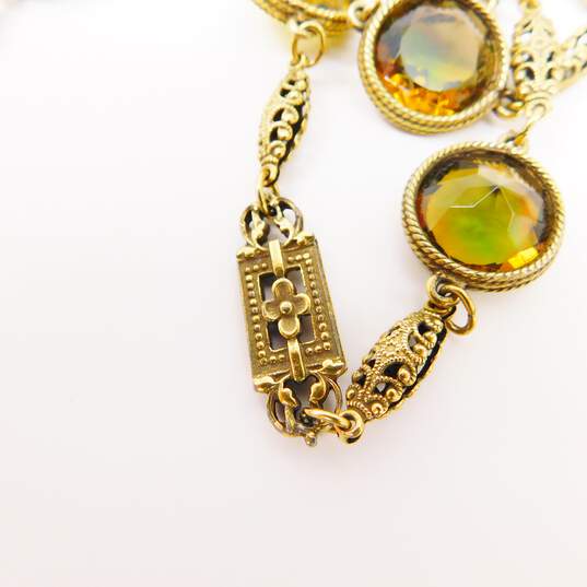Vintage Accessocraft NYC Ornate Gold Tone & Green Rhinestone Necklace 95.2g image number 4