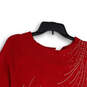 Womens Red Knitted Rhinestone Long Sleeve Round Neck Pullover Sweater Sz L image number 3