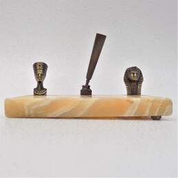 Vintage Marble Desk Top Egyptian Theme Brass Accent Pen Holder alternative image