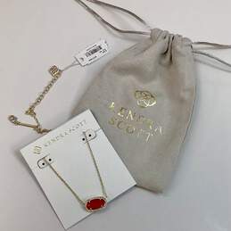 Designer Kendra Scott Gold-Tone Sunstone Bezel Red Stone Pendant Necklace