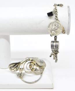 Vintage Sterling Silver Multi Charm Bracelet & Floral Brooch 34.6g