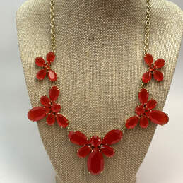 Designer Kate Spade Gold-Tone Red Crystal Cut Stone Leaf Statement Necklace
