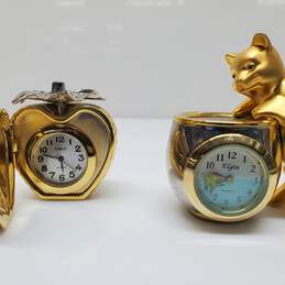 x2 Mixed Lot VTG. Timex Cat + Strawberry Figurine Clocks Gold-Toned Untested P/R alternative image