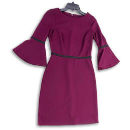 Womens Purple Black Bell Sleeve Round Neck Back Zip Sheath Dress Size 2