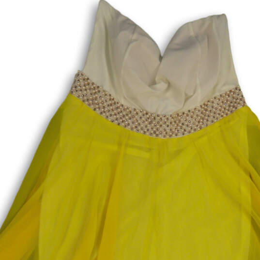 Womens White Yellow Strapless Asymmetrical Hem Beaded Fit & Flare Dress 2XL image number 3