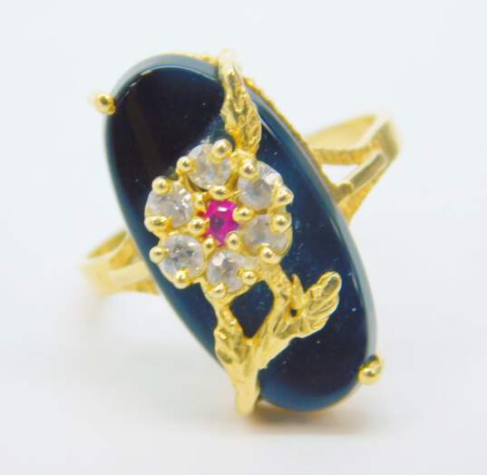Romantic 14K Yellow Gold Ruby CZ & Onyx Flower Ring 3.5g image number 4