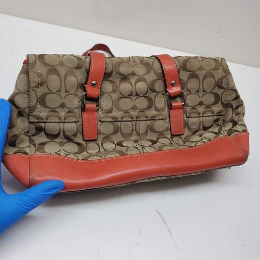 Coach Signature Hampton Satchel Purse Handbag Orange Leather Trim image number 4