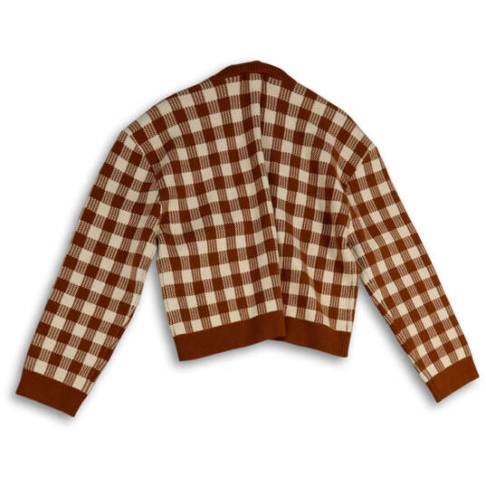 Womens Brown White Check Long Sleeve Open Front Cardigan Sweater Size M image number 2