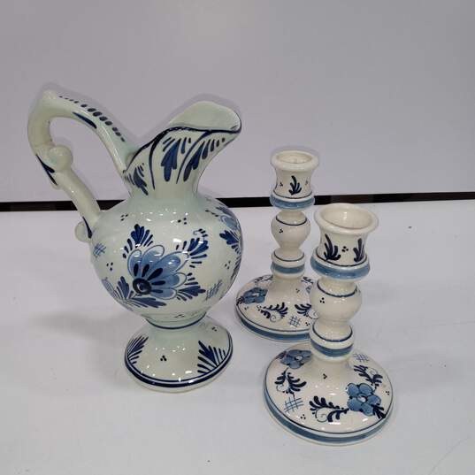 Hand Painted Delft Holland Candle Holders & Pitcher 3pc Lot image number 1