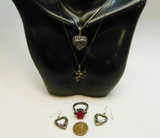 Romantic 925 Scrolled Puffed Heart & Cupid Cherub Pendant Necklaces Open Heart Drop Earrings & Faceted Ruby Textured Ring 19.7g image number 5