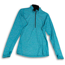 Womens Blue Space Dye 1/4 Zip Mock Neck Long Sleeve Pullover T-Shirt Size S