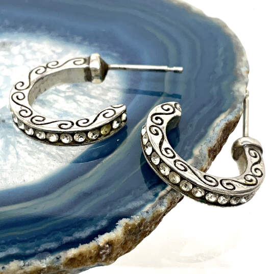 Designer Brighton Silver-Tone Rhinestone Etched Half Circle Hoop Earrings image number 2