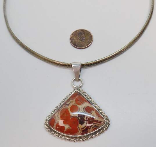 Artisan 925 Red Poppy Jasper Cabochon Triangle Rope Accent Pendant Omega Chain Necklace 42.3g image number 2