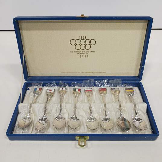 1978 Eight Nation Athletic Games Descente T&F Tokyo Bundle of 8 Spoons with Blue Collector Case image number 1