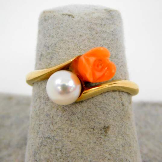 14K Yellow Gold Carved Coral Rose & Pearl Bypass Ring 2.5g image number 2