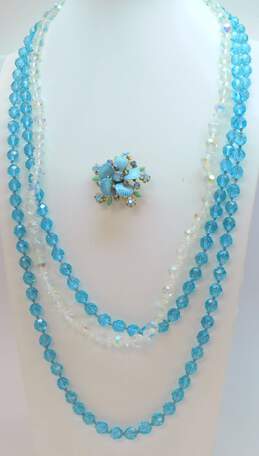 Vintage Blue & Clear Aurora Borealis Necklaces & Flower Brooch 132.1g