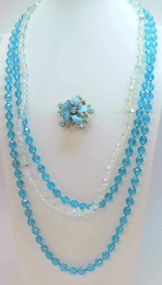Vintage Blue & Clear Aurora Borealis Necklaces & Flower Brooch 132.1g image number 1
