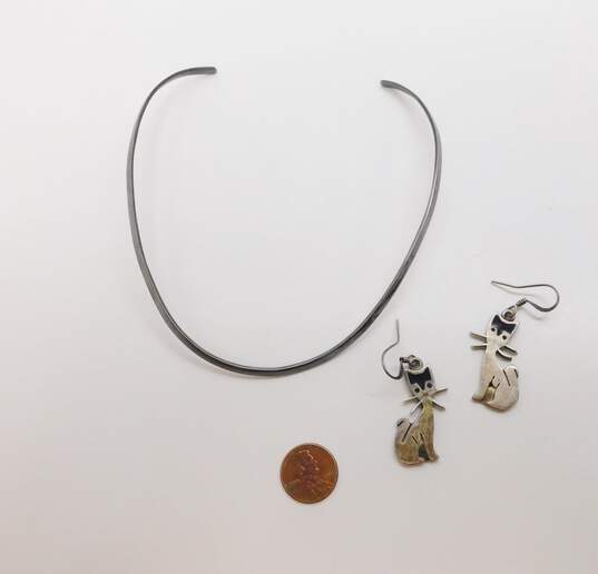 Vintage Taxco 925 Collar Necklace & Black Enamel Cat Earrings 30.2g image number 4