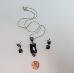 ATI Mexico & Artisan 925 Faux Onyx Rectangle Domes Pendant Necklace & Squares Drop Post Earrings 24g alternative image