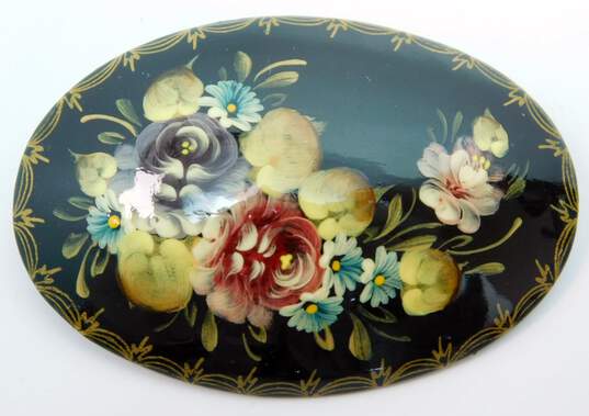 Vintage Russian Floral Hand Painted Brooches 13.2g image number 3