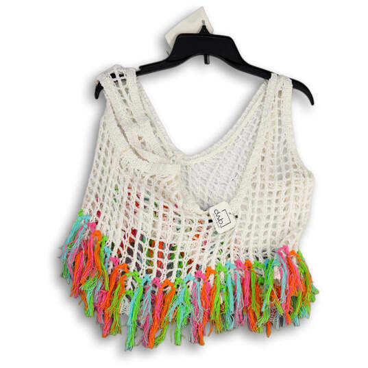 NWT Womens White Crochet Sleeveless Wide Strap Fringe Crop Top Size S image number 3