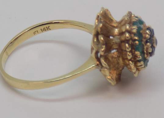 Vintage 14K Gold Sapphire & Emerald Brushed Textured Flower Dome Statement Ring 6.3g image number 3