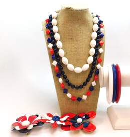 Vintage Mid Century Modern Flower Americana Red White Blue Brooches Necklaces & Bangle Bracelets 223.3g