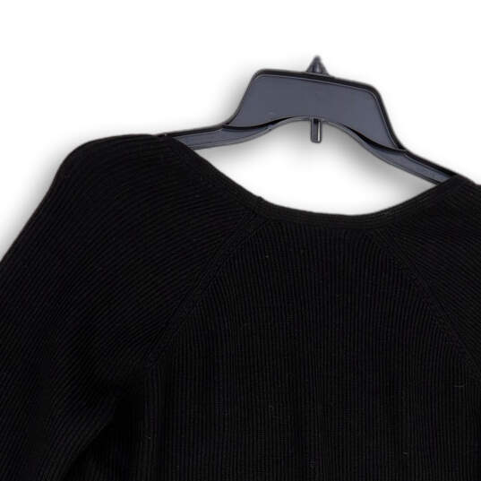 Womens Black Tight Knit Long Sleeve V-Neck Side Slit Pullover Sweater Sz M image number 4