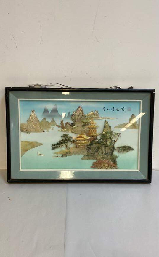 Oriental Hand Crafted Wall Art Landscape Temple Garden Shadow Box Framed image number 1
