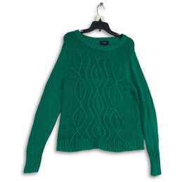 Lands' End Womens Green Cable Knit Round Neck Long Sleeve Pullover Sweater Sz L
