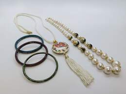 Vintage Cloisonné Faux Pearl Floral Enamel Bracelets & Necklaces 134.4g